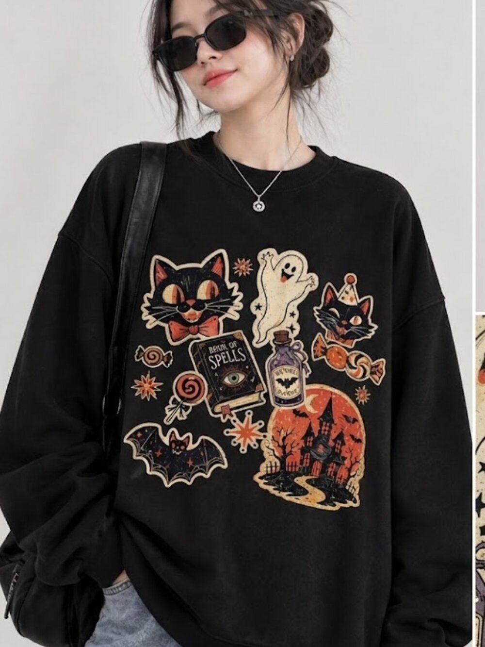 Retro Halloween Collage Sweater, Vintage Pumpkin & Black Cat Graphic